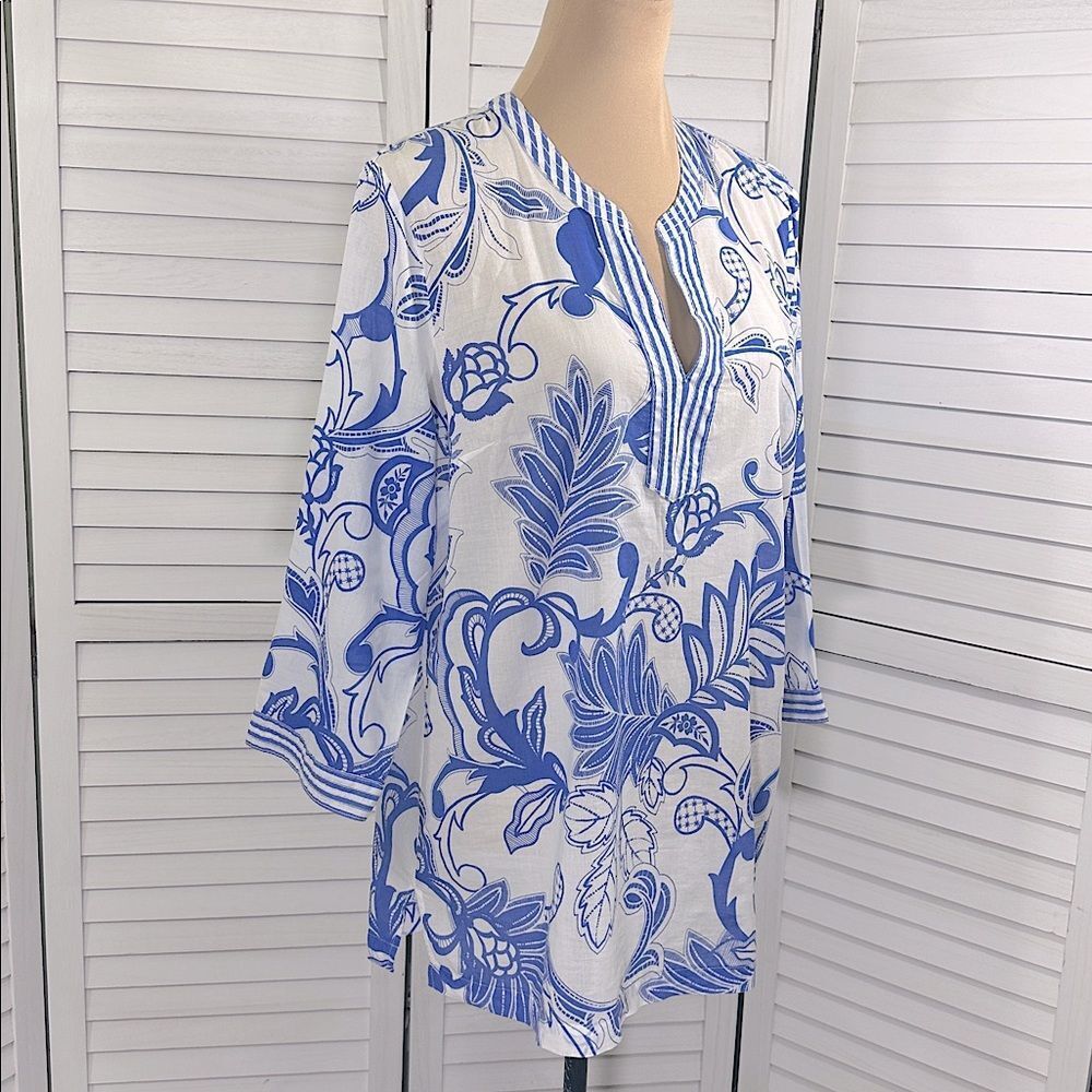 Talbots Cotton Tunic Size Large Paisley Blue White Floral NWOT - Picture 7 of 12